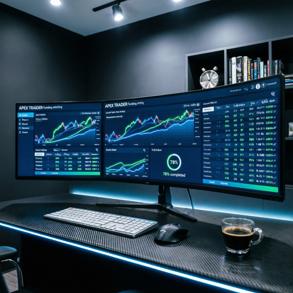 Premium Apex Trader Funding evaluation setup with multiple monitors showing trading progress