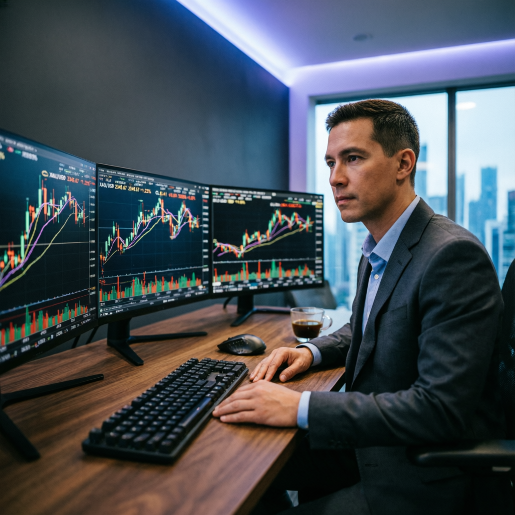 Professional trader analyzing futures market charts during evaluation
