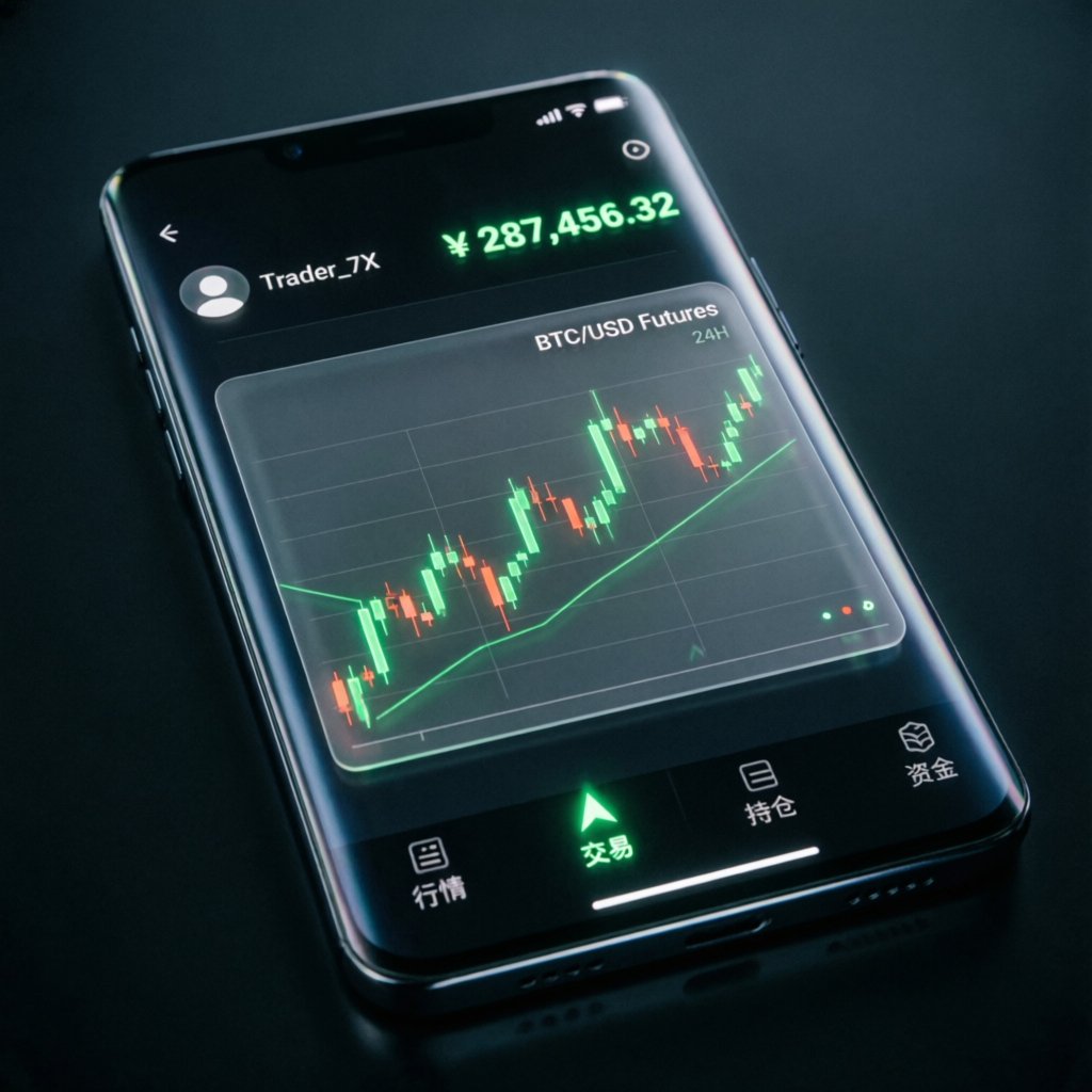 Mobile trading interface showing funded account balance and profit charts