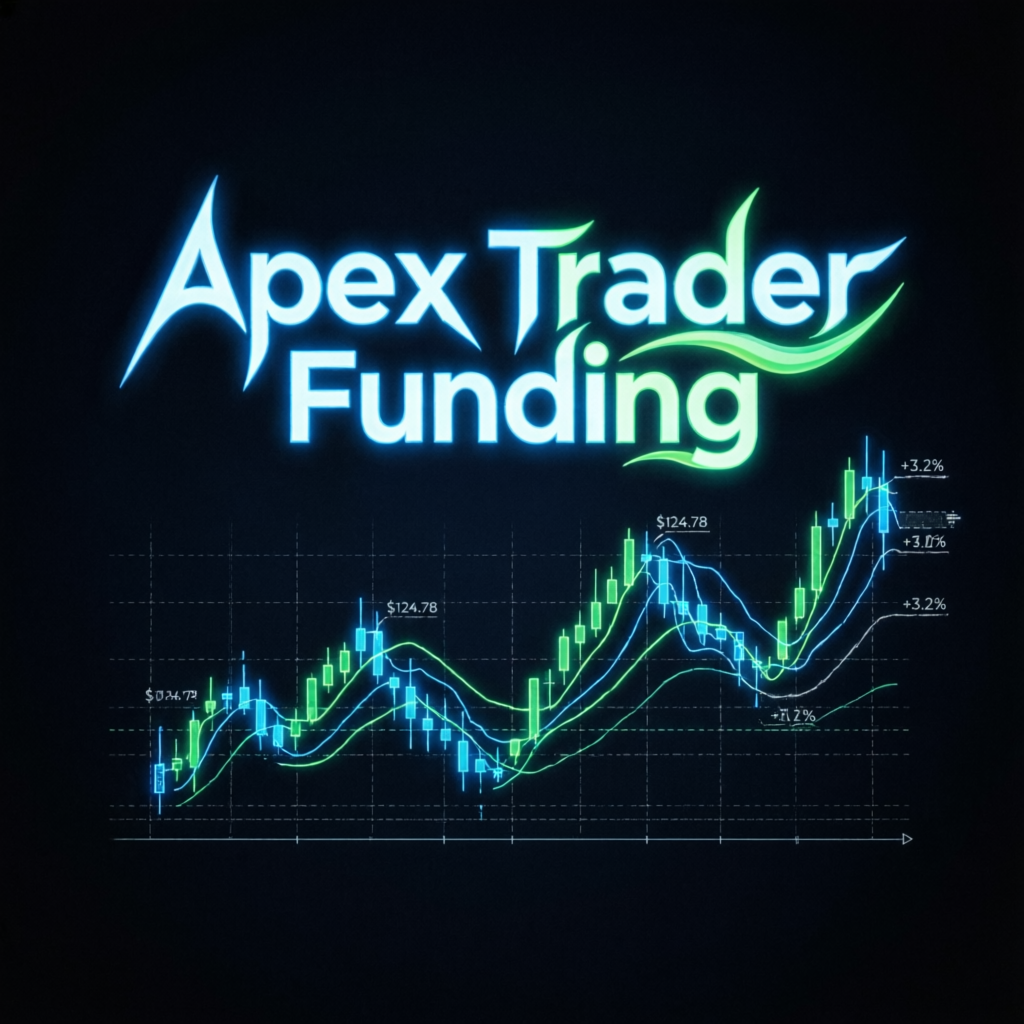 Apex Trader Funding logo with futures trading charts and profit indicators
