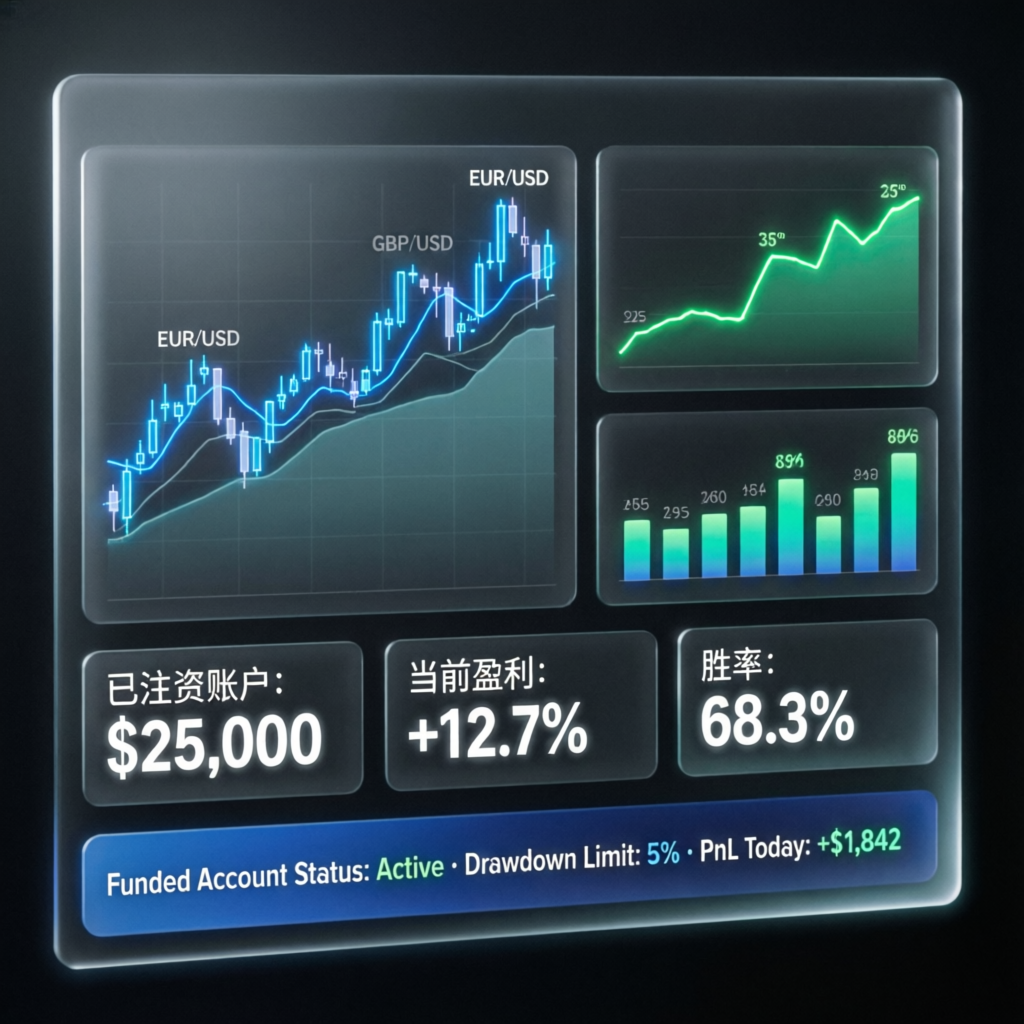 Fundway Plus Management Service trading dashboard showing funded account metrics and profit statistics