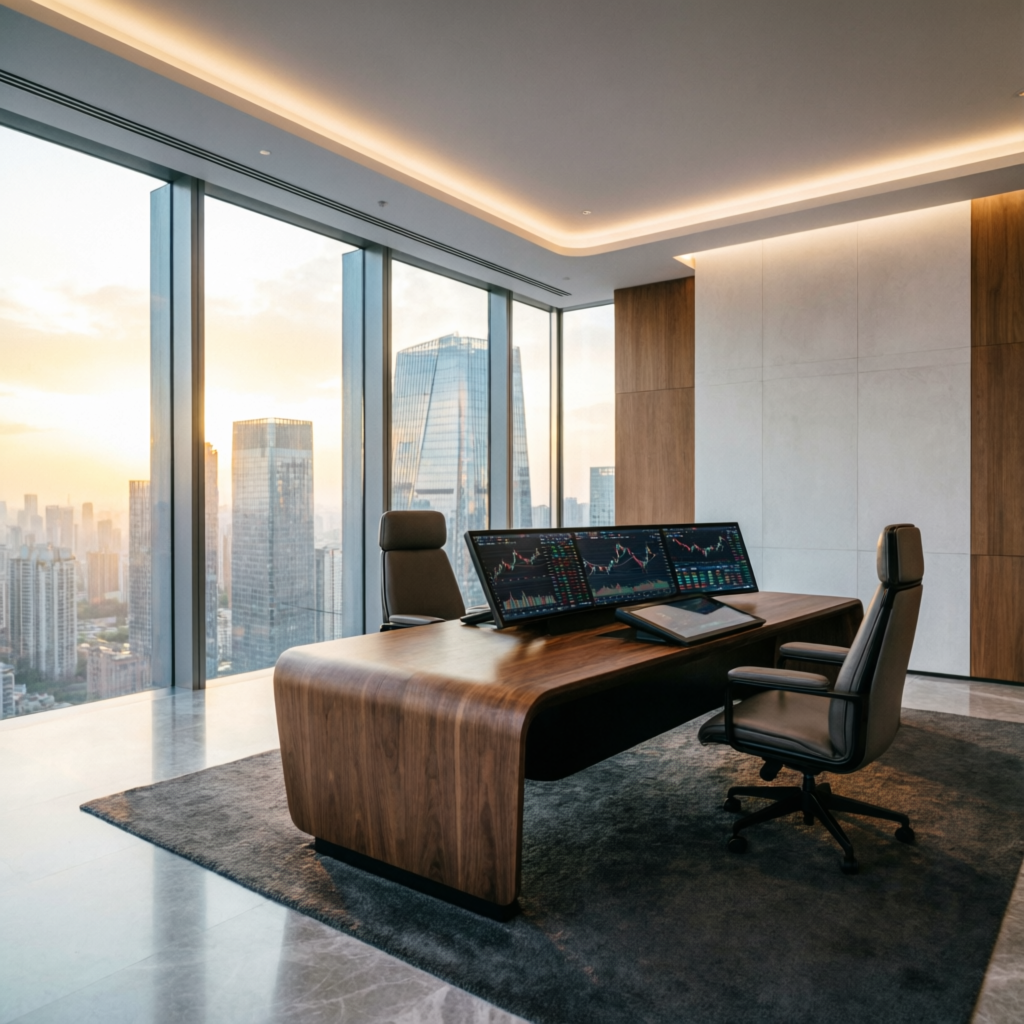 Premium professional trading office with advanced technology infrastructure