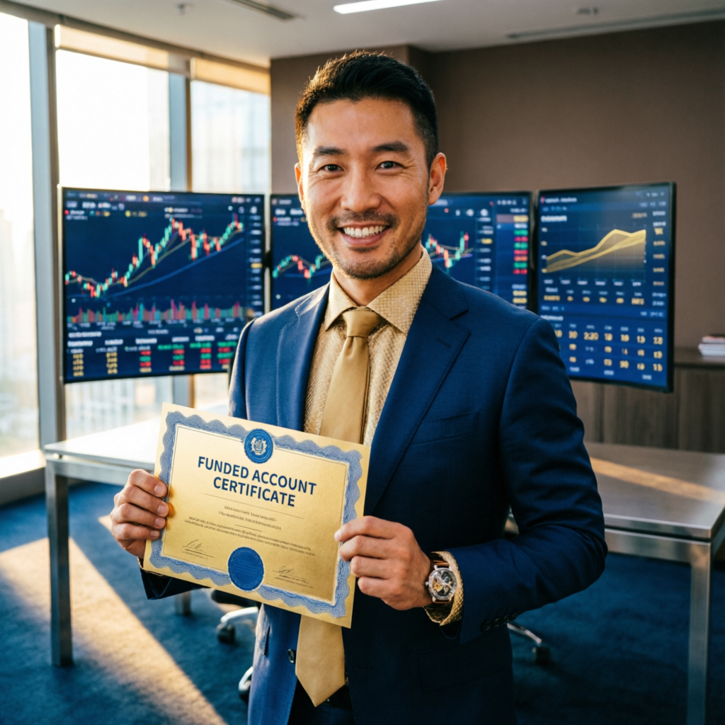 Successful funded trader holding funded account certificate with trading screens in background