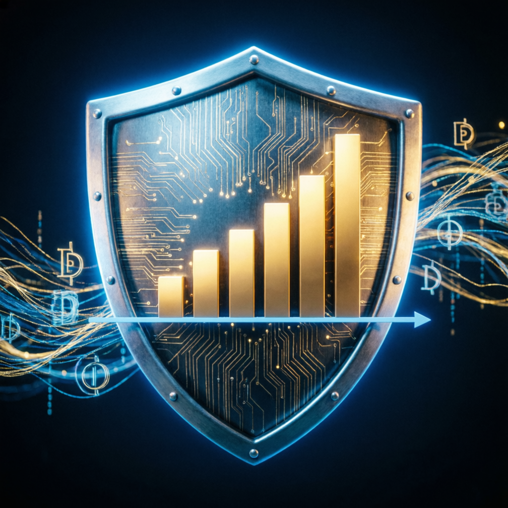 Risk management shield protecting trading profits with steady growth bars