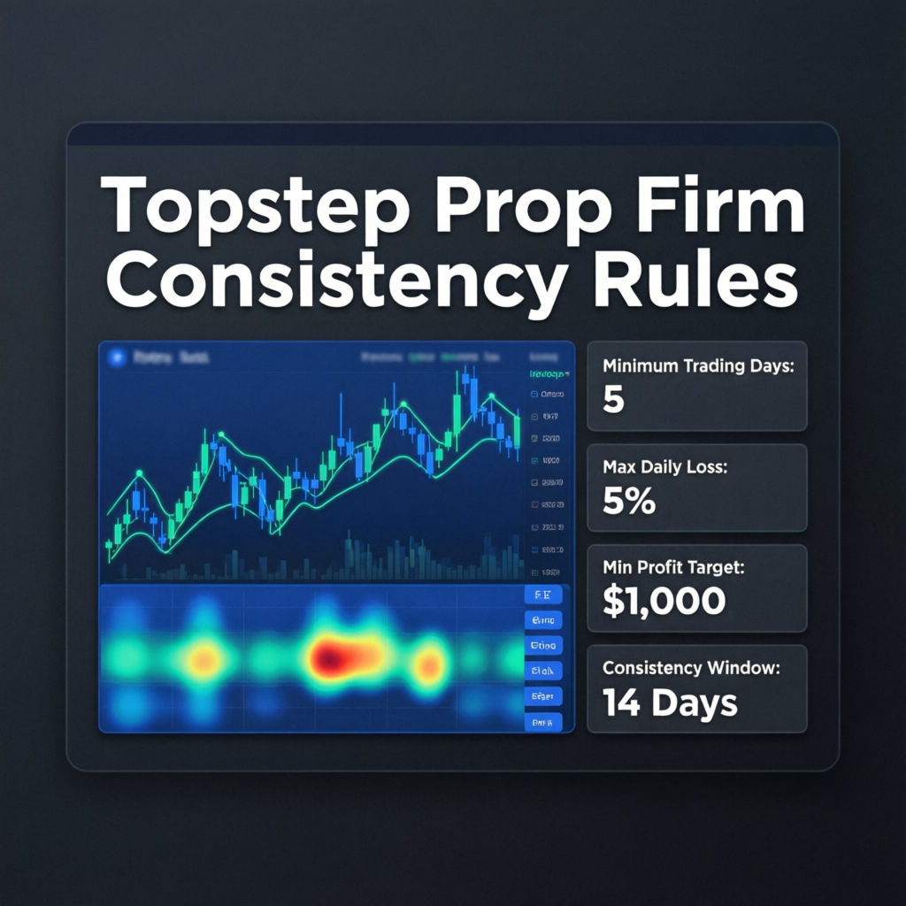 Topstep Prop Firm Consistency Rules Dashboard showing minimum trading days, max daily loss, profit target, and consistency window