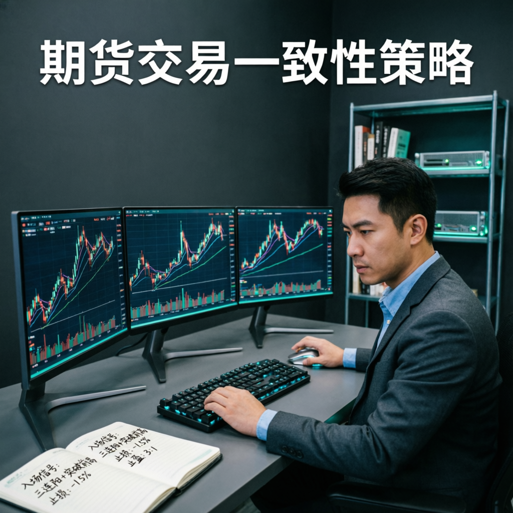 Professional trader analyzing futures trading consistency strategy on multiple monitors