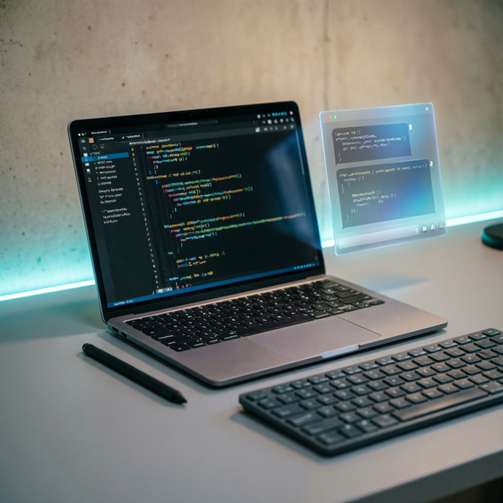 Рабочее место разработчика с AI-ассистентом: ноутбук с кодом и голографический интерфейс нейросети для генерации кода