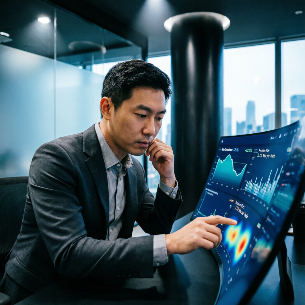 Trader analyzing risk management and drawdown limits on trading dashboard