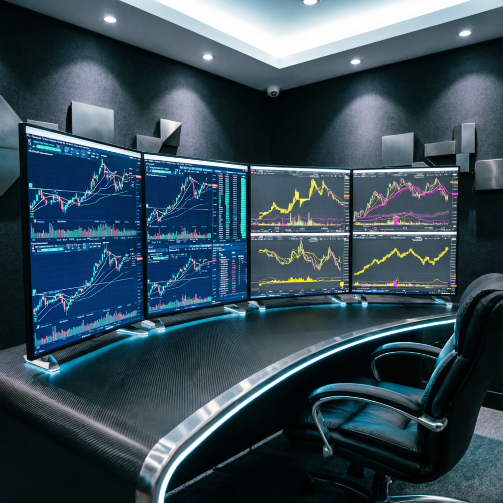 Professional six monitor trading workstation with multiple platforms