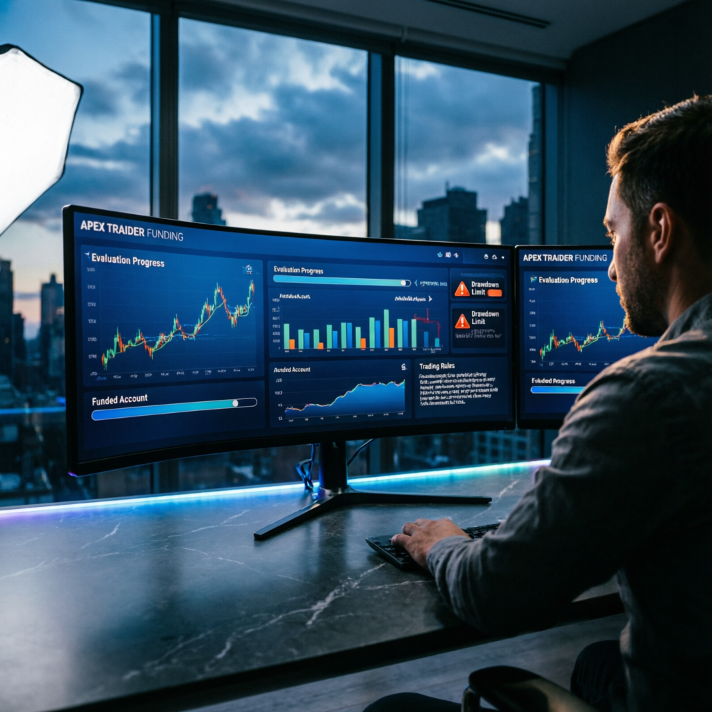 Apex Trader Funding evaluation dashboard showing funded account progress