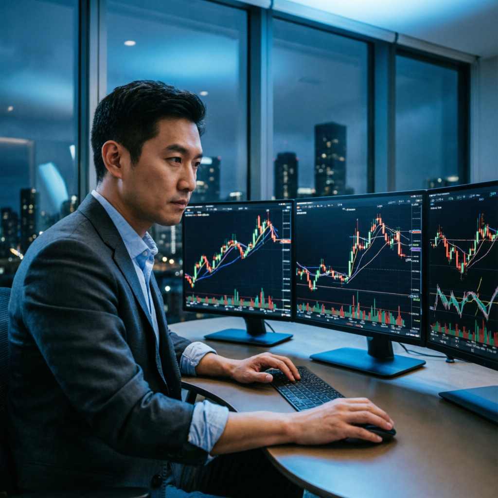 Professional trader analyzing multiple timeframes for strategy development