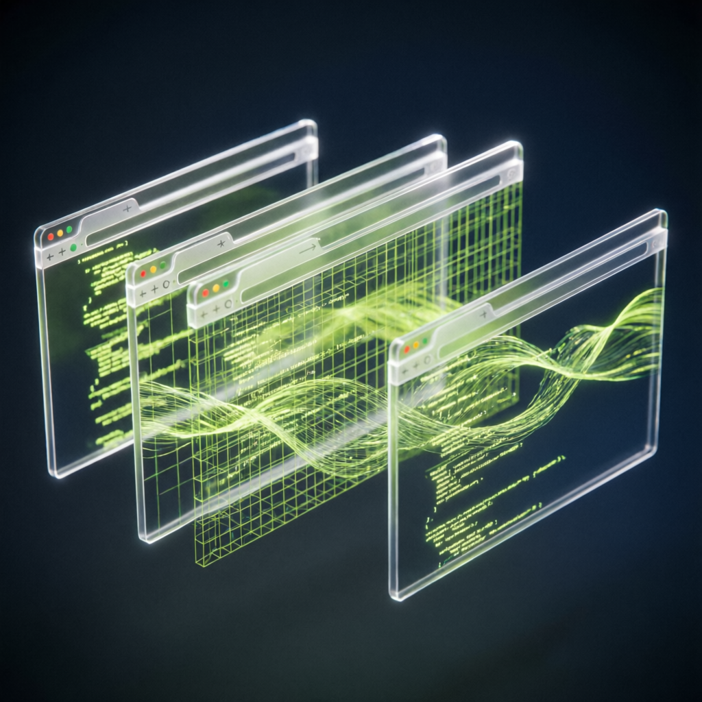 Abstract dark 3D render of glowing lime browser windows and code grids — eWallz digital craftsmanship