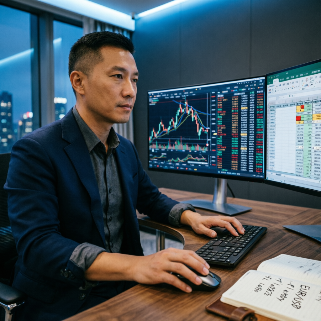 Professional forex trader analyzing candlestick charts and trading data on multiple screens