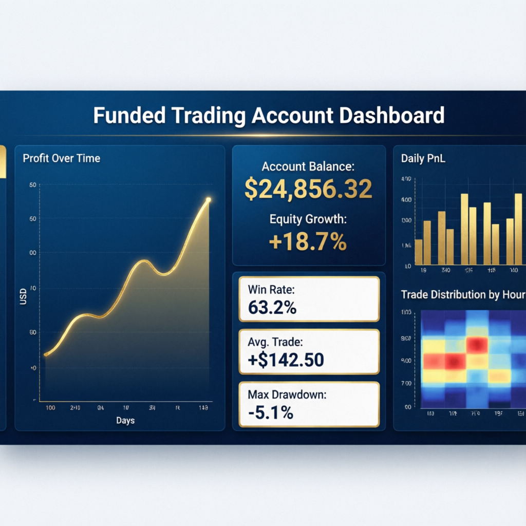 Funded trading account dashboard showing profit charts, balance growth, and trading metrics
