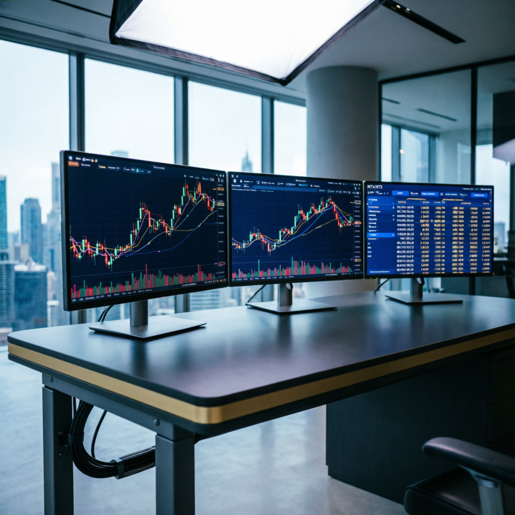 Professional trading environment with multiple monitors displaying forex charts and candlestick patterns