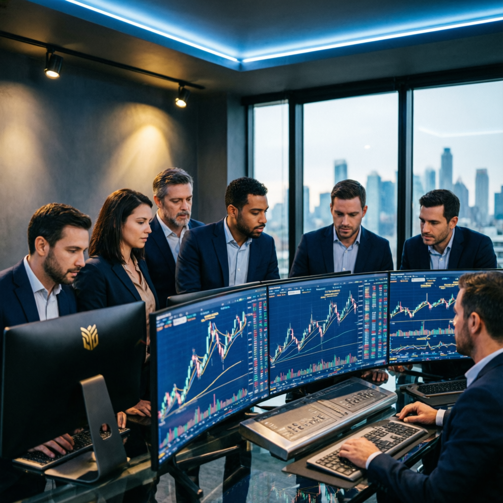 Professional team of forex traders collaborating in modern trading office