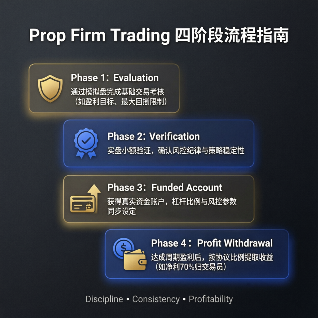 Step by step process guide for prop firm trading showing evaluation, verification, funded account, and profit withdrawal phases