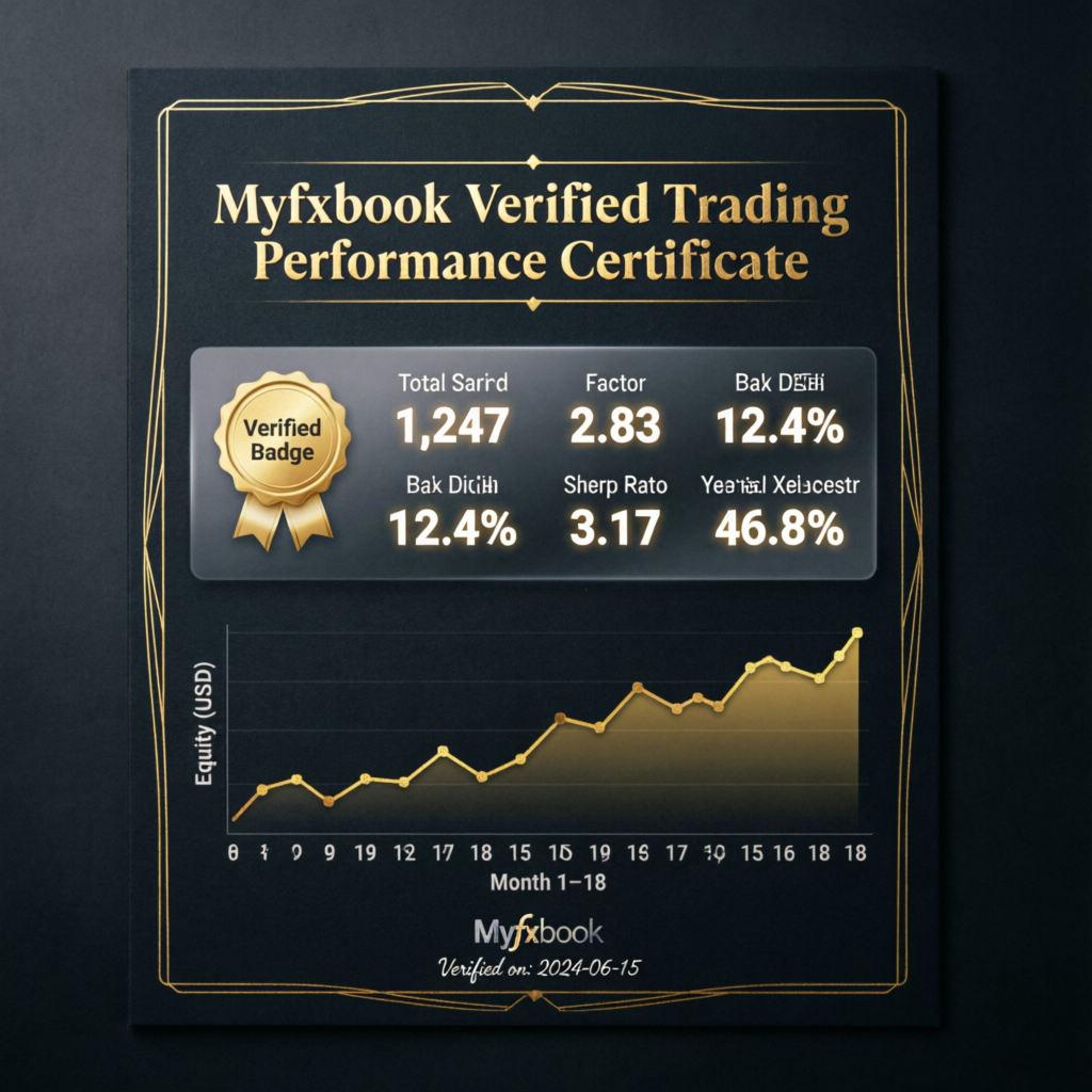 Myfxbook verified trading performance certificate showing consistent profit growth