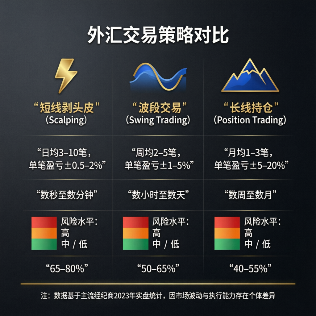Forex trading strategy comparison showing scalping, swing trading, and position trading approaches