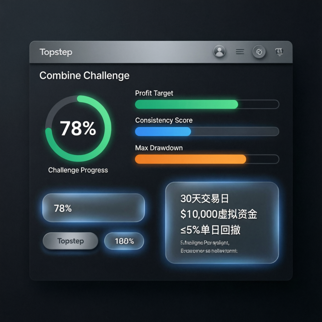 Topstep combine challenge dashboard showing progress and rules