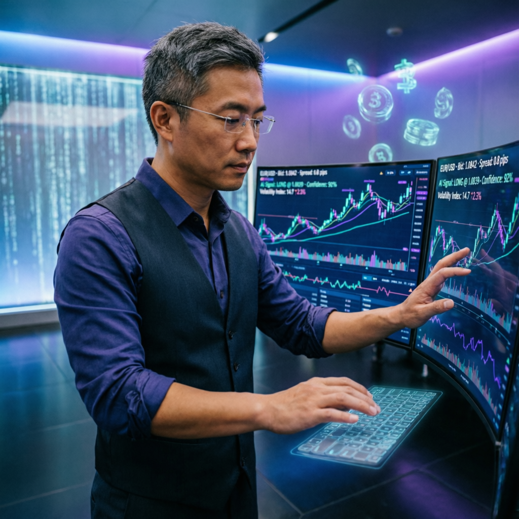 Professional forex trader analyzing Topstep futures charts on multiple screens
