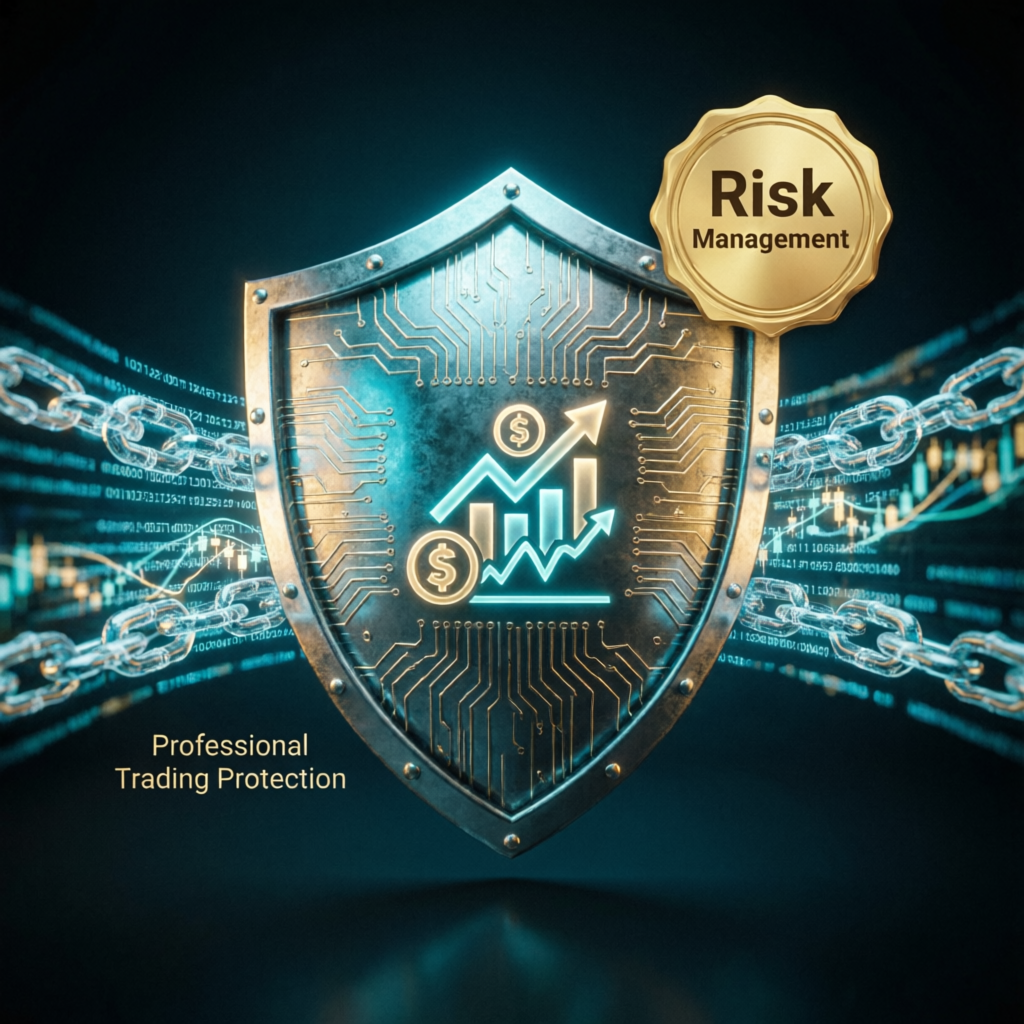Risk management shield protecting trading capital with digital security