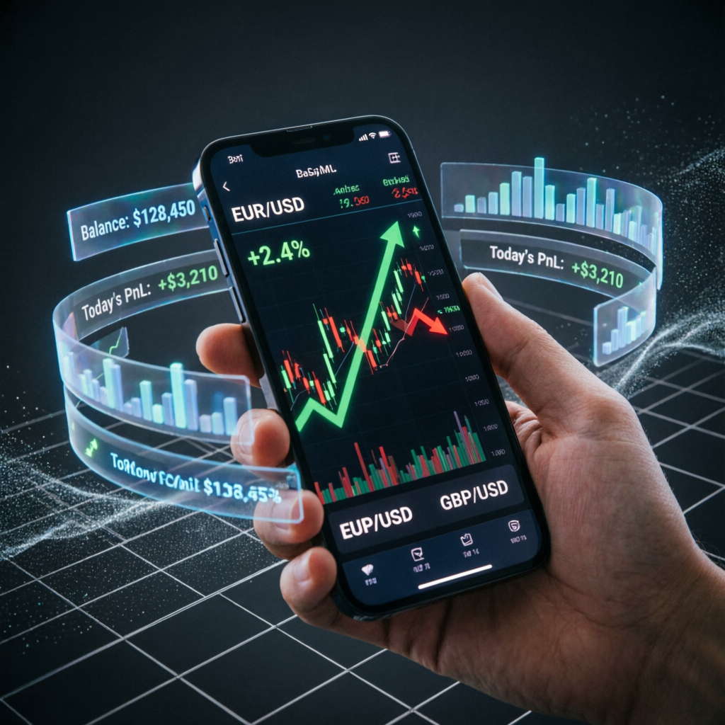 Mobile trading app showing forex charts and portfolio gains