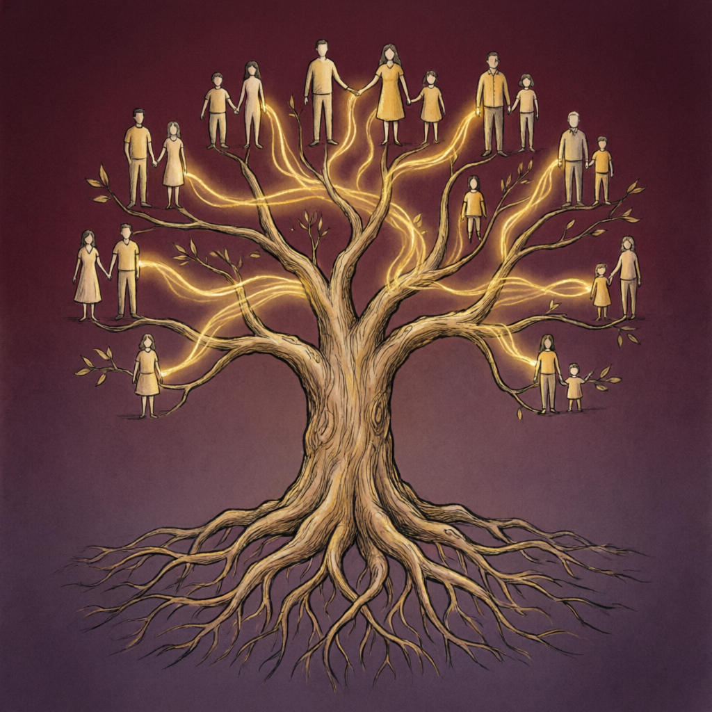 Ilustración artística de un genograma familiar mostrando conexiones transgeneracionales
