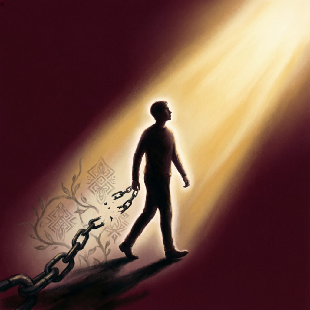 Persona caminando hacia la luz dejando atrás patrones familiares