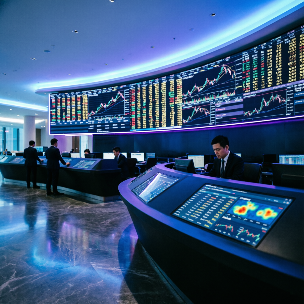 Professional futures trading floor with multiple screens showing Apex Trader Funding markets