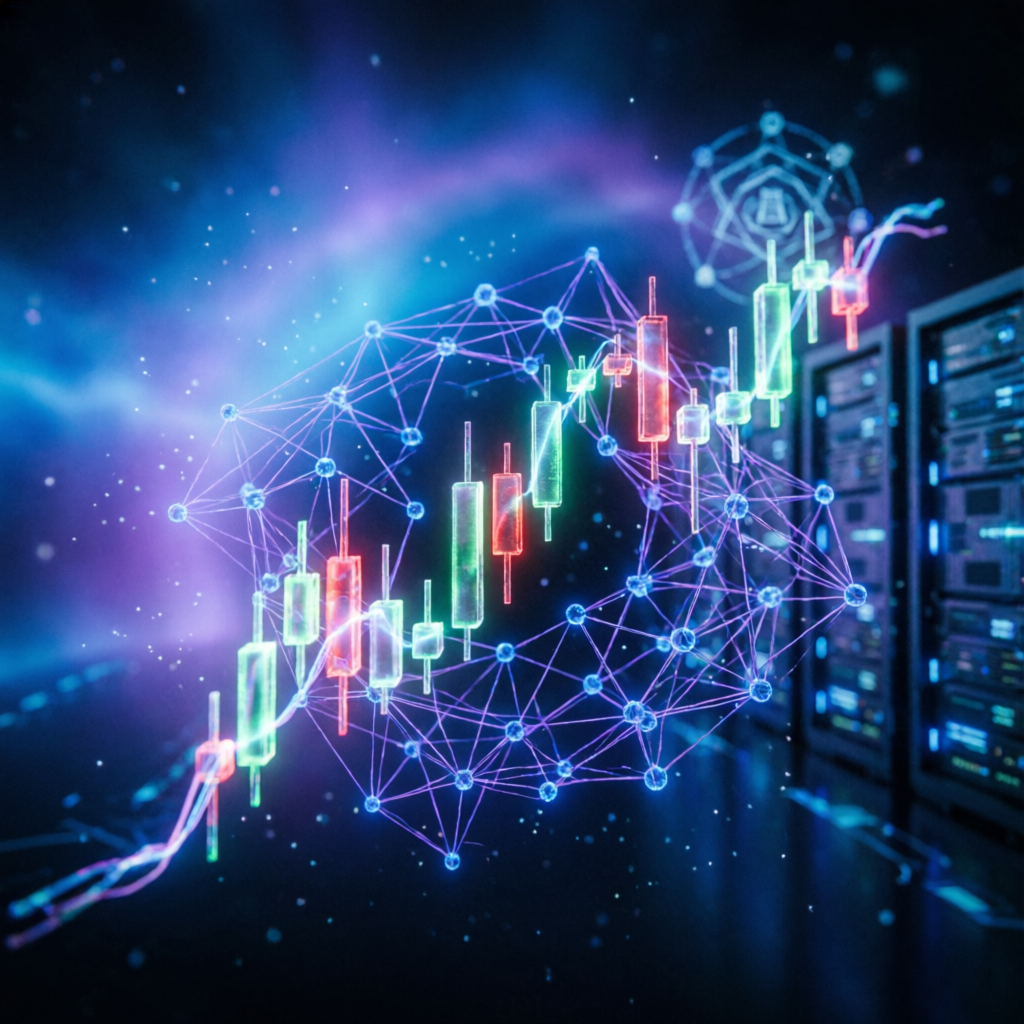 AI-powered futures trading visualization with neural network patterns