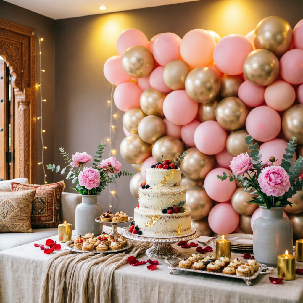 Birthday balloon decoration with pink and gold balloon wall and cake table in Ahmedabad