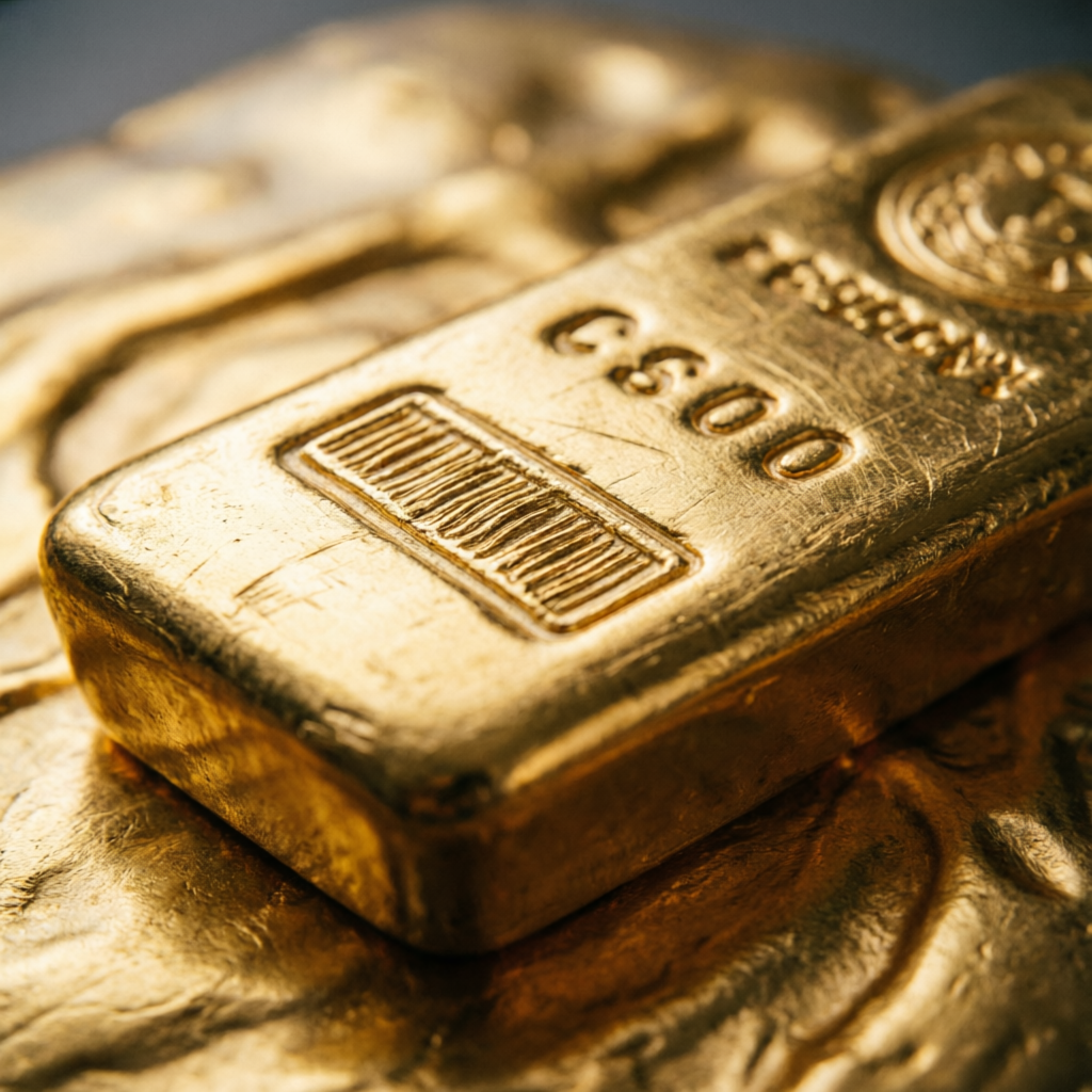 Macro of certified gold bar surface — investment guidance and live price updates in Dehradun