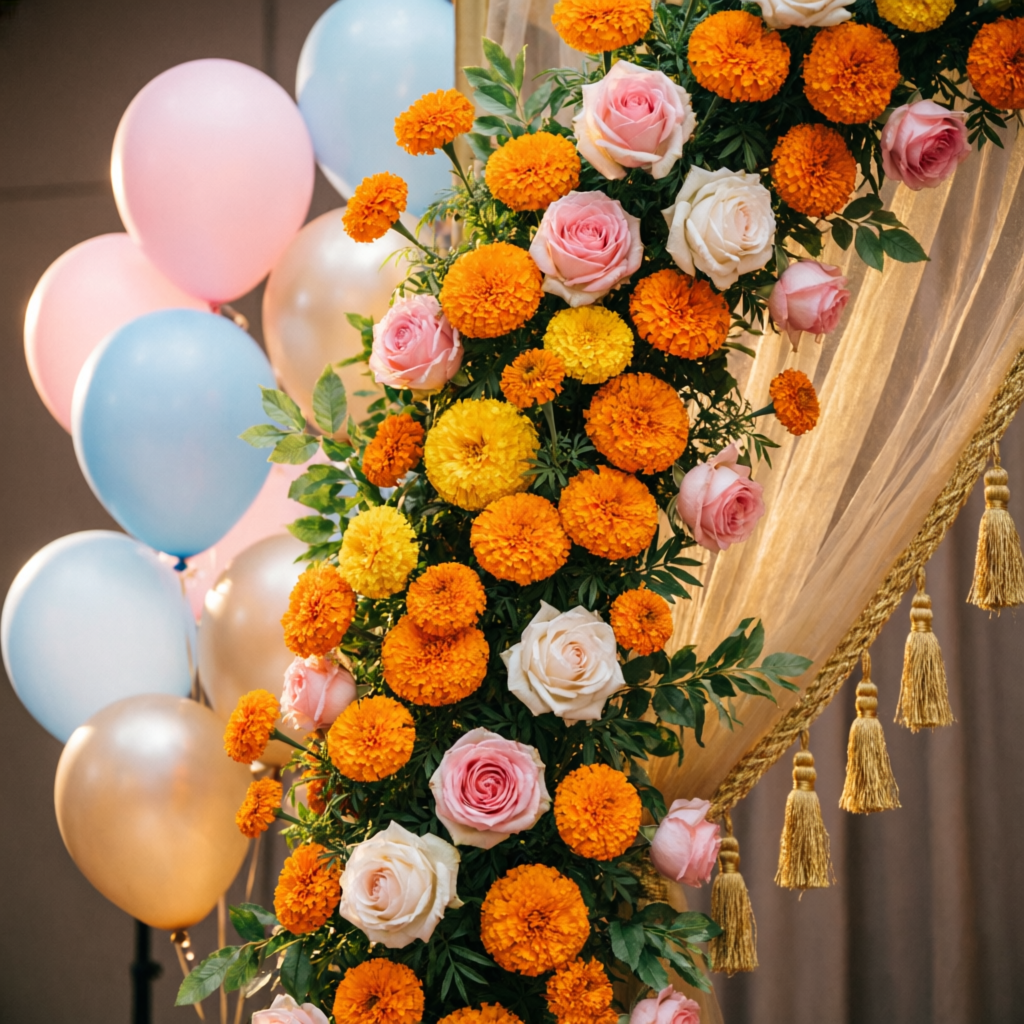 Fresh marigold and rose flower decoration blended with balloons in Ahmedabad