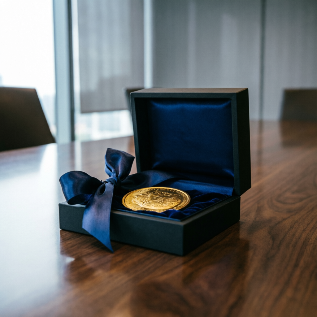 Corporate gifting gold coin in premium navy box with ribbon — corporate bullion gifting Dehradun