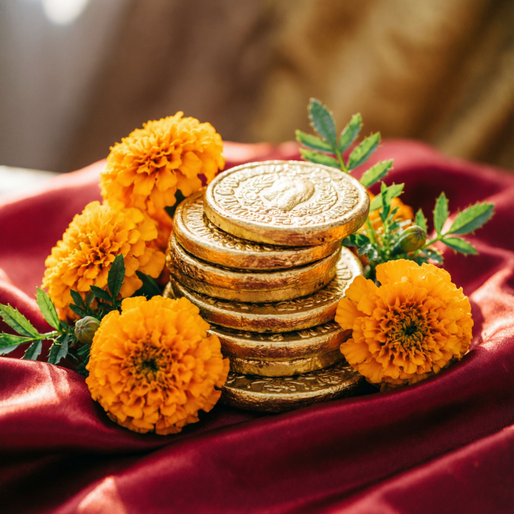 Wedding and festive gold coin gifts with marigold flowers — wedding gift coins Dehradun