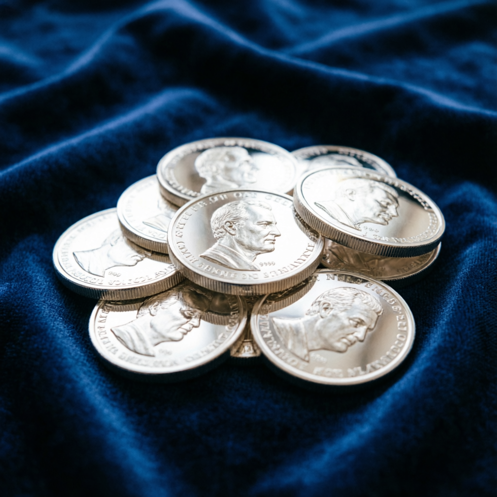 999 purity silver coins on navy silk — premium silver coins for investment and gifting in Dehradun