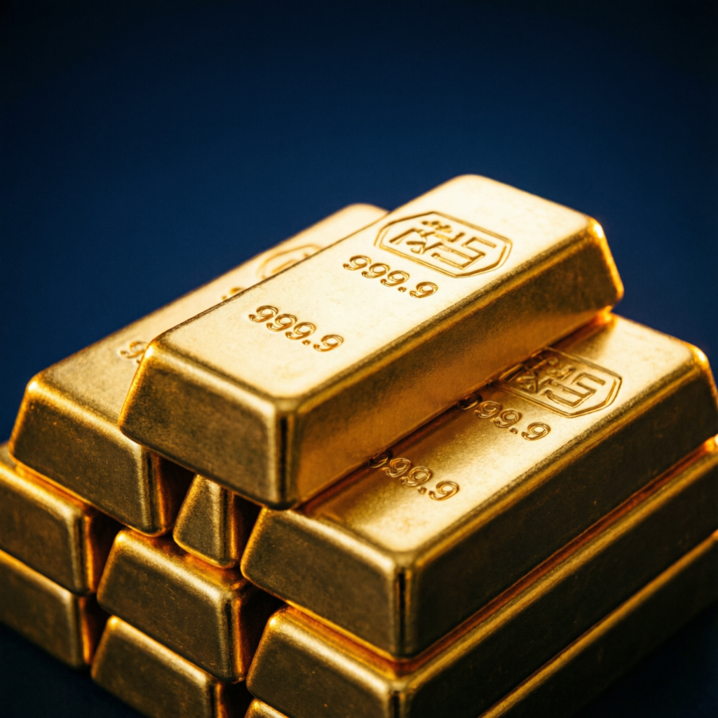 Investment-grade 999.9 certified gold bars stacked at Sapphire Jewels bullion dealer Dehradun