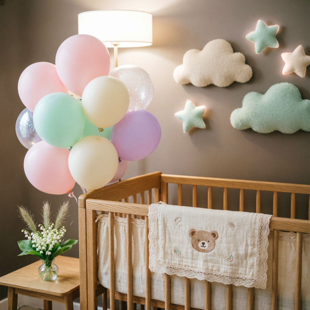 Welcome baby balloon decoration with pastel balloons and cloud-star nursery backdrop in Ahmedabad