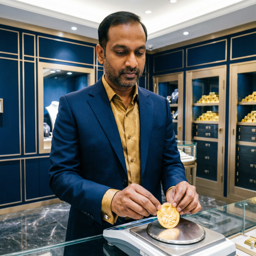 Sapphire Jewels bullion specialist weighing a certified 24K gold coin on a precision scale in the Dehradun showroom
