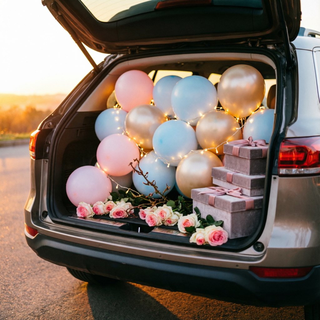 Car boot surprise decoration with balloons, fairy lights, roses and gifts in Ahmedabad