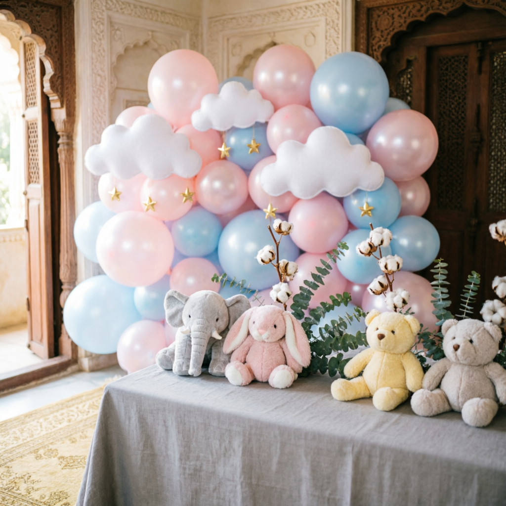 Baby shower balloon decoration with pastel cloud theme and plush toys in Ahmedabad