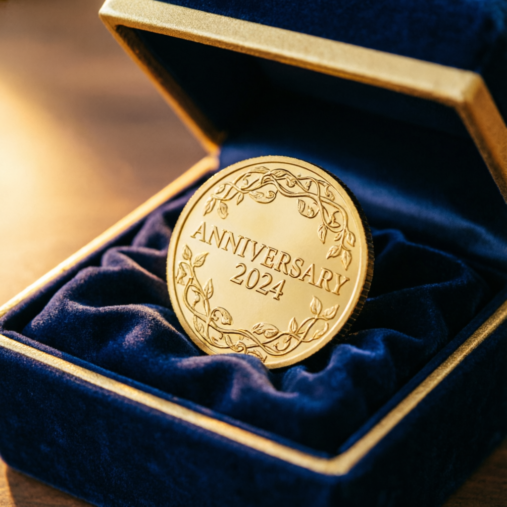 Personalized engraved gold commemorative coin in navy gift box — customized coins in Dehradun