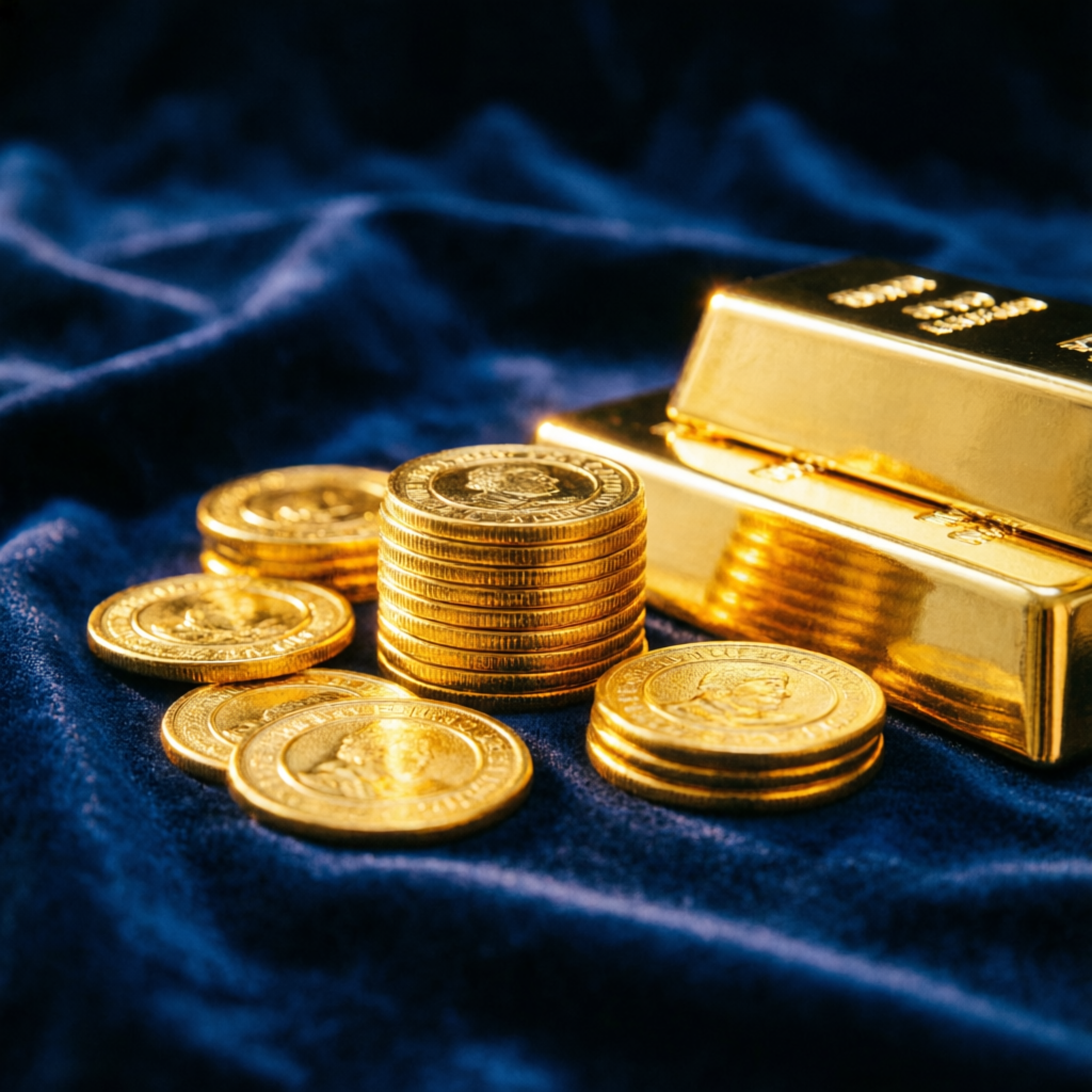 24K gold coins and gold bars on navy velvet — certified bullion at Sapphire Jewels, best gold and silver bullion dealer in Dehradun