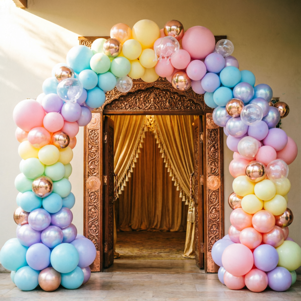 Grand rainbow balloon arch and entrance backdrop for events in Ahmedabad
