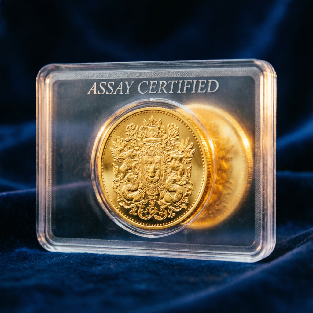 Assay-certified 24K 999 purity gold coin in sealed packaging at Sapphire Jewels Dehradun