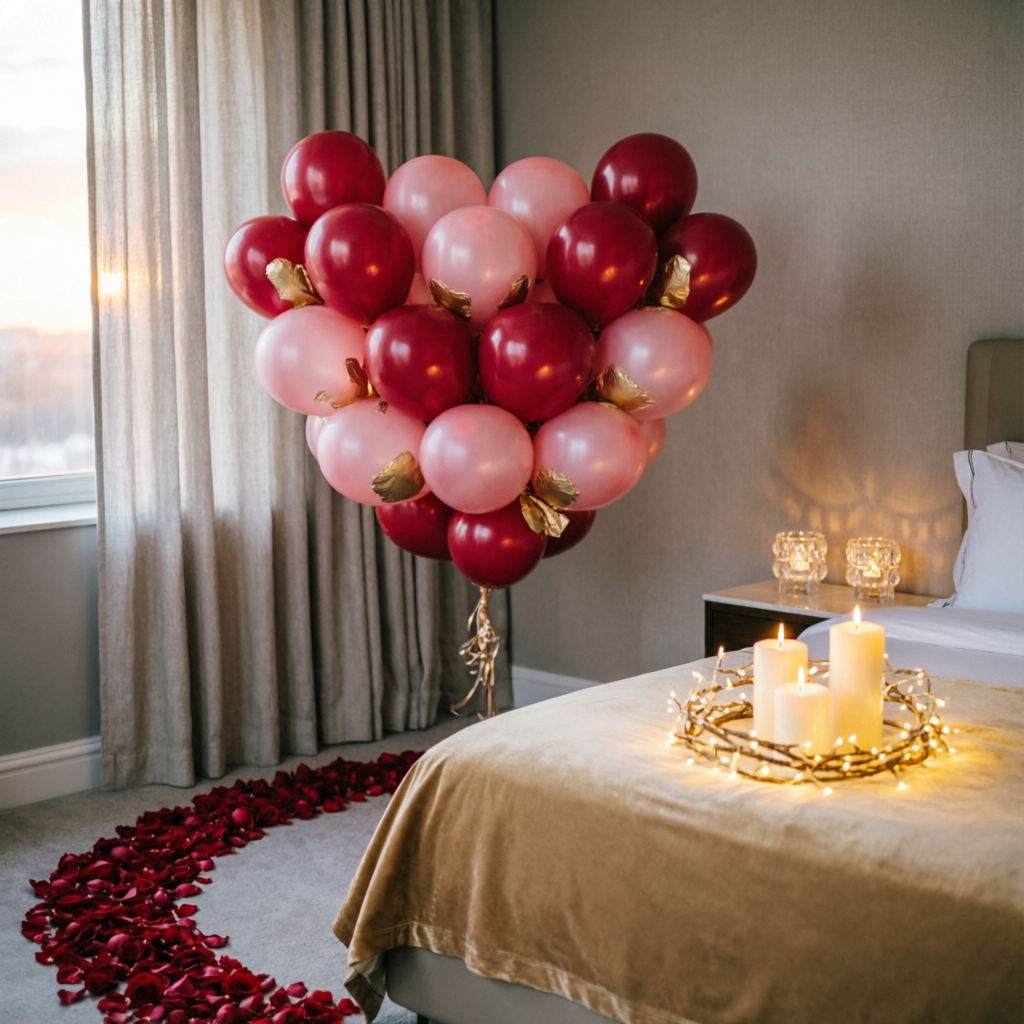 Romantic anniversary balloon decoration with heart balloons, candles and rose petals in Ahmedabad