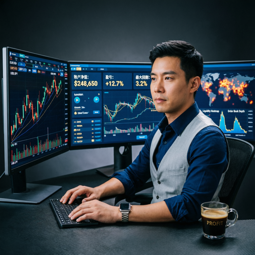 Professional Topstep funded trader using multi-monitor trading setup for prop firm passing service