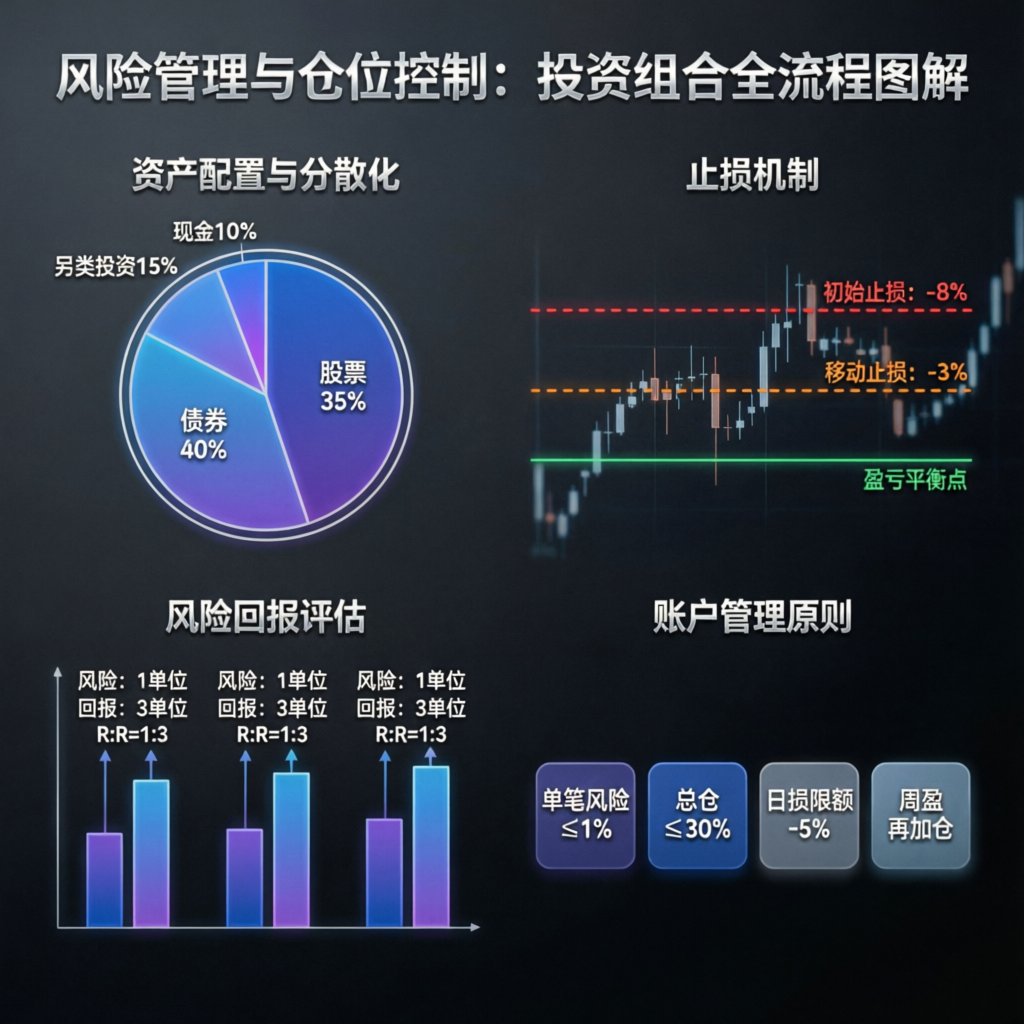 Risk management and position sizing financial diagram showing portfolio diversification and account management principles
