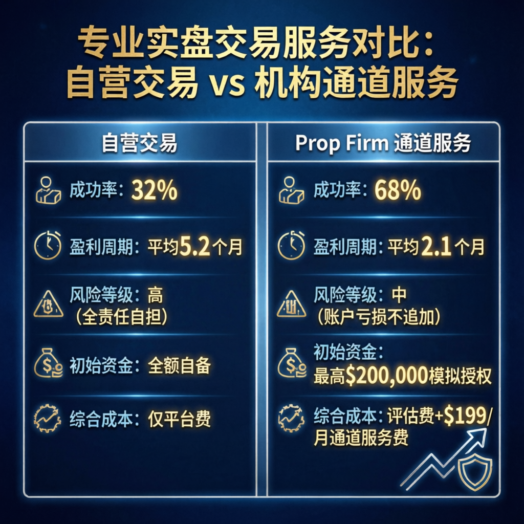 Comparison chart showing self trading vs prop firm passing service success rates and metrics
